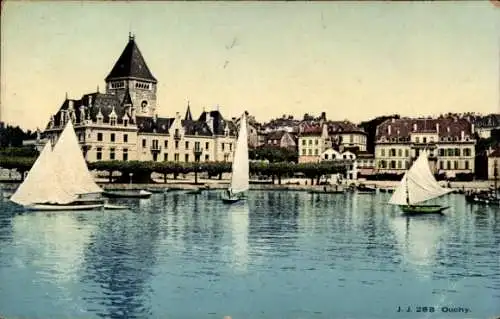 Ak Ouchy Lausanne Kanton Waadt, Seehafenansicht, Vellschiff, Gebäude, ruhiges Wasser, Postkart...