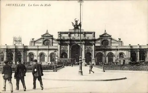 Ak Bruxelles Brüssel, La Gare du Midi, Straßenbahn am Bahnhof