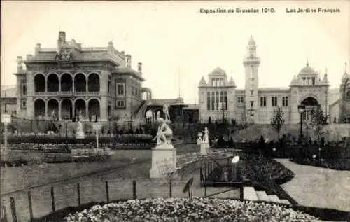 Ak Bruxelles Brüssel, Exposition de Bruxelles 1910, Les Jardins Français, Gebäude, Statuen, Ga...