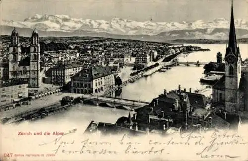 Ak Zürich Stadt Schweiz, Blick auf Zürich und die Alpen, Jahreszeit und wolkiger Himmel