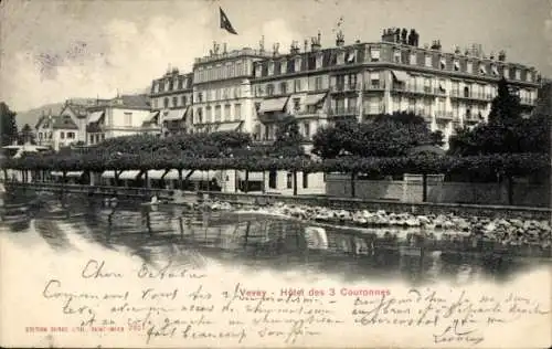 Ak Vevey Kanton Waadt, Hotel des 3 Couronnes, Sicht auf Gebäude und Genfersee