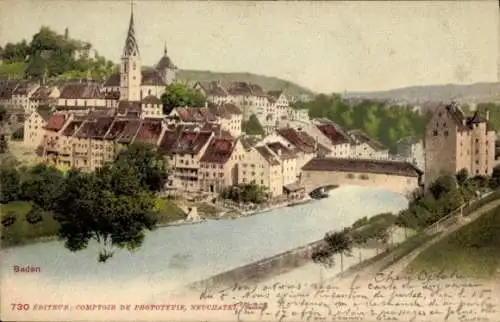 Litho Baden Kanton Aargau Schweiz, Teilansicht von Ort mit Brücke