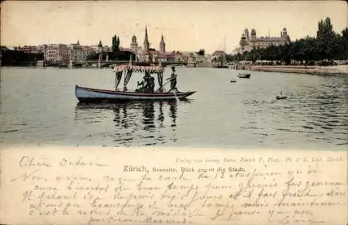 Ak Zürich Stadt Schweiz,  Seeseite, Blick gegen die Stadt, Boot mit Personen