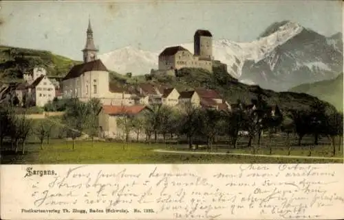 Ak Sargans Kanton St. Gallen, Burg, Kirche, Berge, Panorama, historische Architektur