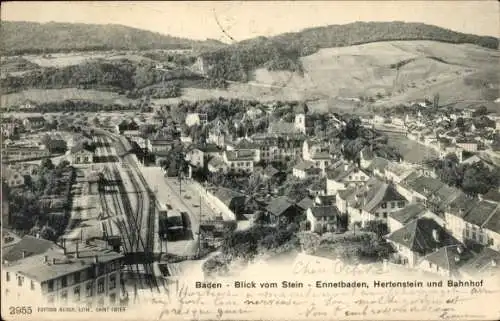 Ak Ennetbaden Kanton Aargau, Hertenstein und Bahnhof, Teilansicht