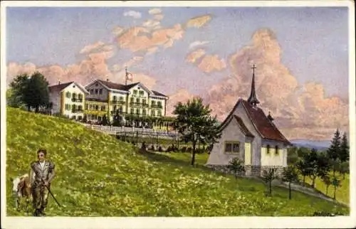 Ak Macolin sur Bienne Magglingen Kanton Bern, Landschaft mit Hotel Bellevue, Kirchturm, Junge ...