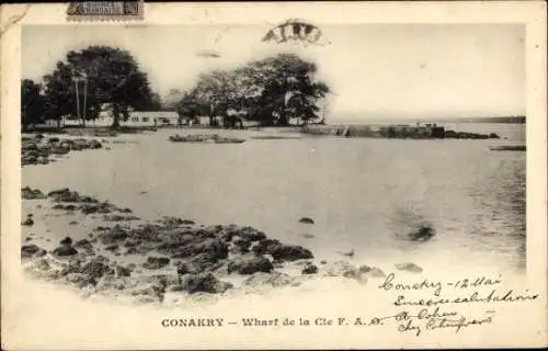 Ak Conakry Guinea, Schwimmende Anlegestelle, Küstenansicht, Bäume, Gebäude