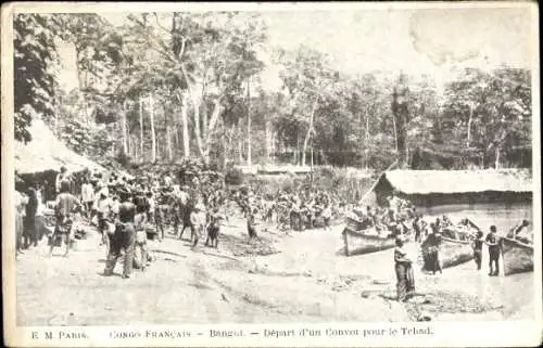 Ak Kinshasa DR Kongo Zaire, Abfahrt eines Konzern für den Telind, Menschenmasse, Boote