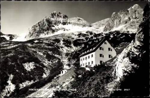 Ak Hinterstoder in Oberösterreich,  Altes Schutzhaus, Berge, Schwarz-Weiß Foto