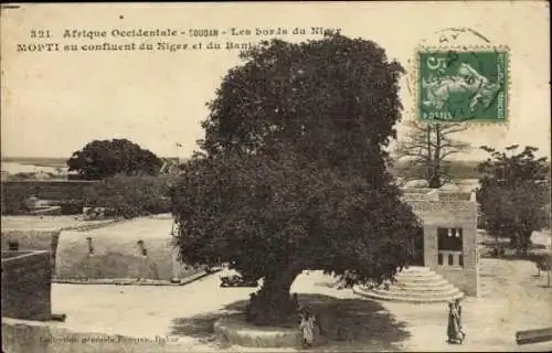Ak Mopti Mali, Les bords du Niger, Baum, Gebäude, Afrika, Postkartenmotiv