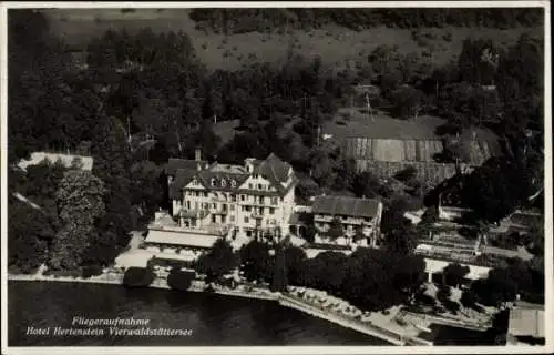 Ak Vierwaldstättersee Kanton Uri, Fliegeraufnahme, Hotel Hertenstein, Seeansicht, Natur, Histo...