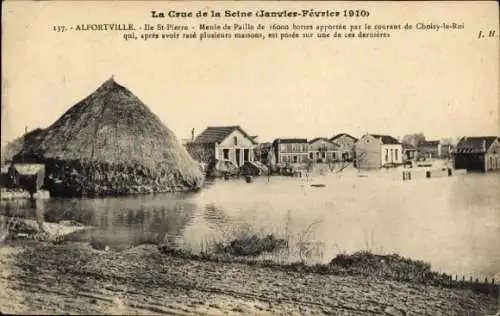 Ak Alfortville Val de Marne, Überschwemmung, Ile St-Pierre, Strohballen, Häuser