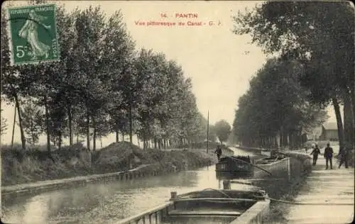 Ak Pantin Seine Saint Denis, Malerische Ansicht des Kanals, Bäume, Boote, Personen am Kanal