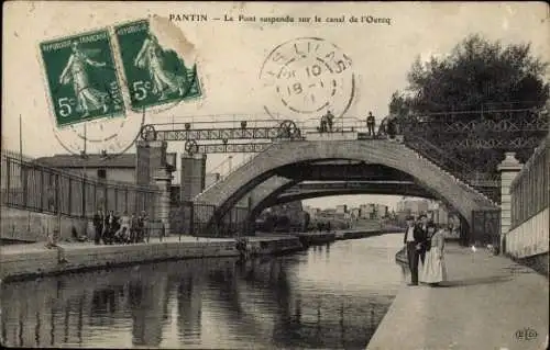 Ak Pantin Seine Saint Denis, Le Pont suspendu, Kanal, Wasser, Brücke, Stadtansicht