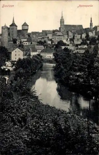 Ak Bautzen in der Oberlausitz,  Spreepartie, Flusslandschaft,  Gebäude, Stadtansicht