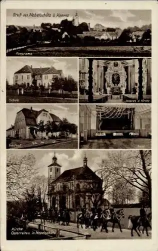 Ak Nebelschütz in Sachsen, Panorama, Schule, Gasthof, Kirche, Inneres der Kirche, Osterreiten