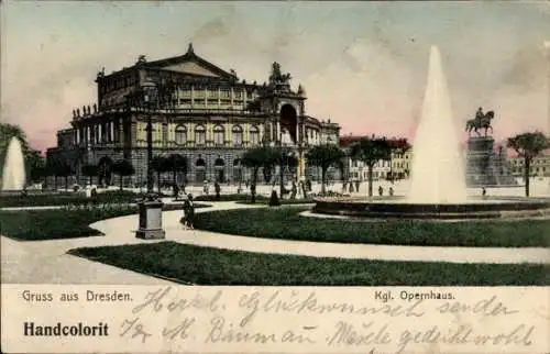 Ak Dresden Altstadt, Kgl. Opernhaus,  Architektur, Brunnen, Parklandschaft
