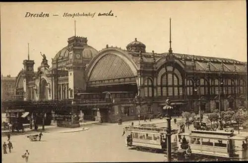 Ak Dresden Altstadt, Hauptbahnhof, Tram, Historische Architektur, Schwarz-Weiß