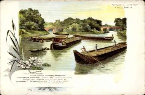 Ak Berlin Tiergarten, Landschaft am Landwehrkanal, Boote, Brücke, Natur, Blumen