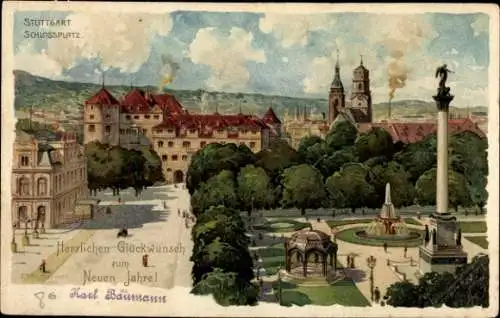 Litho Stuttgart in Württemberg, Schlossplatz, Glückwunsch Neujahr