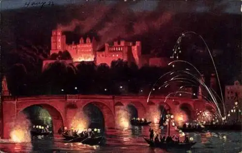Ak Heidelberg am Neckar, Schlossbeleuchtung, Heidelberger Schloss, Brücke, Feuerwerk, nächtliche 