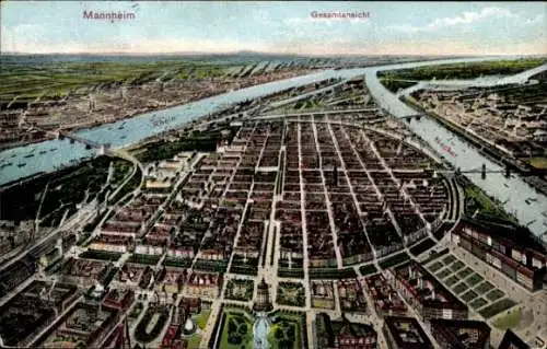 Ak Mannheim in Baden, Luftaufnahme von  Rhein und Neckar, Stadtansicht mit Wasserwegen