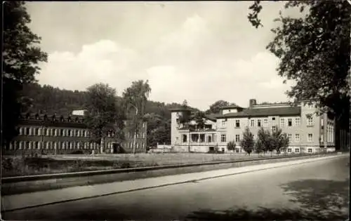 Ak Bad Schandau Sächsische Schweiz, Historische Gebäude, Bäume, Straße, Wolken, Schwarz-Weiß-Foto