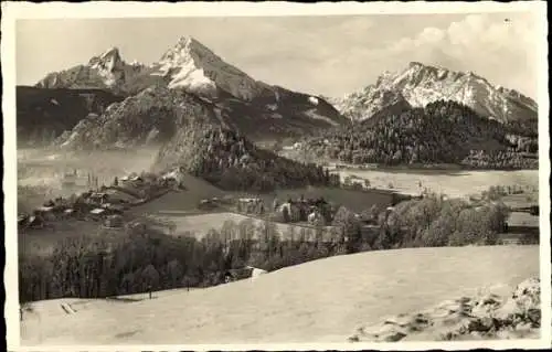 Ak Berchtesgaden Oberbayern, Gotzenalm, Berglandschaft mit Watzmann, Hochkalter, verschneite Land