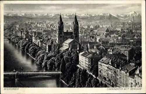 Ak München, Stadtpanorama, Isar mit Gebirge, Kirche