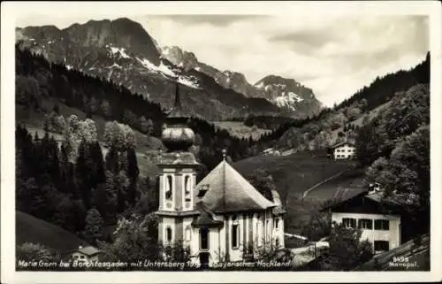 Ak Maria Gern Berchtesgaden in Oberbayern, Kirche Maria Gern, Berge, Wald, Untersberg im Hintergr