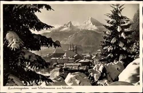 Ak Berchtesgaden Oberbayern, Gotzenalm, Winterlandschaft, Watzmann, verschneite Berge, Kirche
