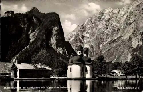 Ak Sankt Bartholomä Schönau am Königssee, Kirche St. Bartholomä, Watzmann, Berge, Wasser, Schwarz