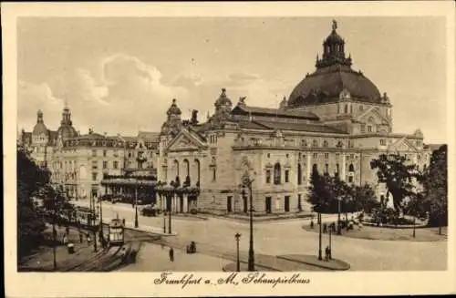 Ak Frankfurt am Main, Schauspielhaus, Märchenbrunnen, Straßenbahn