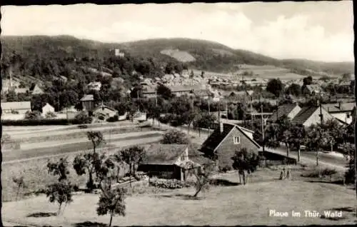 Ak Plaue in Thüringen, Stadtansicht, Häuser, Landschaft, Bäume, Schloss im Hintergrund
