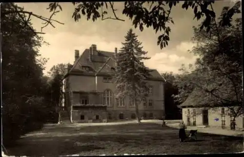 Ak Bad Langensalza in Thüringen, Historisches Gebäude, große Baumlandschaft, Menschen auf der Wie