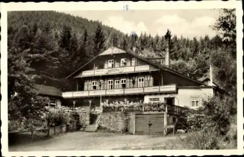 Ak Tabarz im Thüringer Wald, Hotel Schweizerhaus, Berglandschaft, grüne Bäume, sonniges Wetter