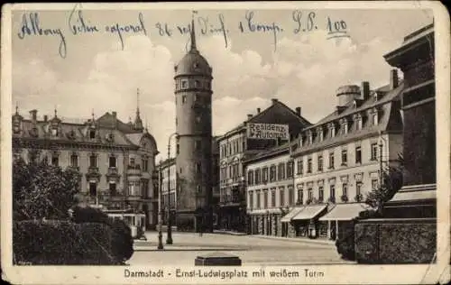 Ak Darmstadt in Hessen, Historisches Stadtbild, Ernst-Ludwigsplatz, weißer Turm, alte Gebäude