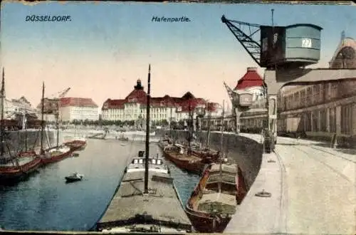 Ak Düsseldorf am Rhein, Hafen,  Schiffe,  Kran