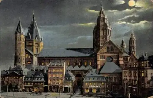 Ak Mainz am Rhein, Dom von  Abendstimmung, gotische Architektur, romantische Beleuchtung