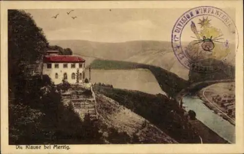Ak Merzig an der Saar, Die Klause bei  postkartenausschnitt, Landschaft, Fluss, Gebäude
