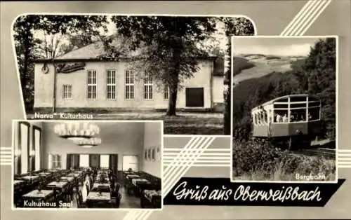 Ak Oberweißbach im Weißbachtal Thüringen, Narva Kulturhaus, Kulturhaus Saal, Bergbahn, Gruß aus O
