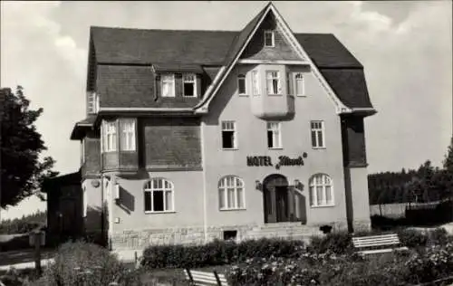 Ak Neuhaus am Rennweg Thüringen, Hotel Hirsch, 2-stöckiges Gebäude, Garten mit Bänken