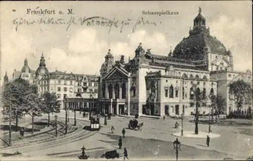 Ak Frankfurt am Main, Schauspielhaus,  Architektur, Straßenansicht, Tram, Bäume