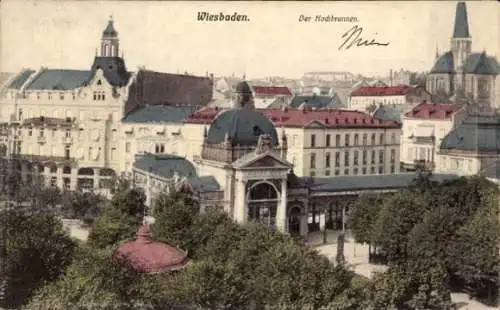 Ak Wiesbaden in Hessen, Stadtansicht, Hochbrunnen,  Architektur, Bäume