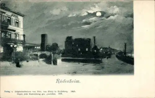 Ak Rüdesheim am Rhein, Nachtszene, Mondschein, Gebäude, Fluss, Personen