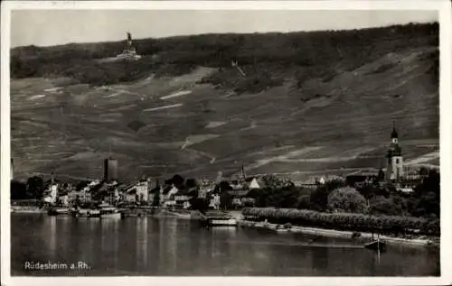 Ak Rüdesheim am Rhein, Blick auf Rüdesheim, Weinberge, Rhein, Kirchturm