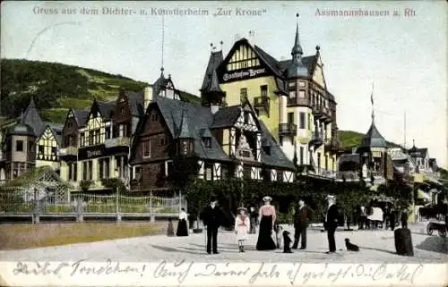 Ak Assmannshausen Rüdesheim am Rhein, Dichter- und Künstlerheim Zur Krone,  Gebäude, Personen in 