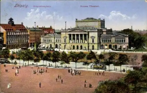 Ak Leipzig,  Augustusplatz, Neues Theater, Menschen, Architektur