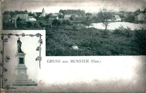 Ak Münster in Westfalen, Vorderansicht einer Landschaft, Statue, Dorfäußere, Text: GRUSS aus MUNS