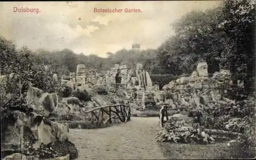 Ak Duisburg im Ruhrgebiet, Botanischer Garten, Ruinen, Brücke, Grünanlagen